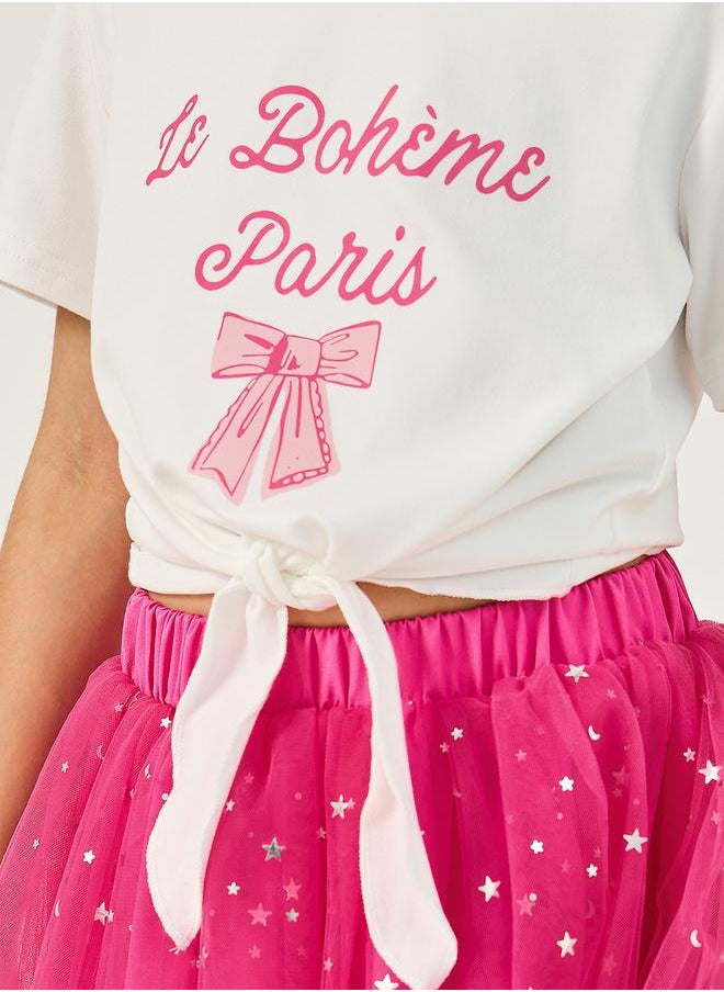 Styli - Graphic Print Tie-Up Top and Star Mesh Skirt Set - Image 1