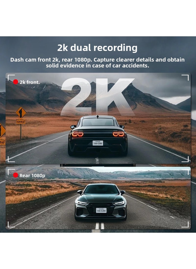 2K Dash Cam for Cars Front and Rear Dual Lens Front 2K Rear Lens 1080P Built-In WiFi G-Sensor With GPS Car DVR Video Recorder 24H Parking Mode with 64G Card