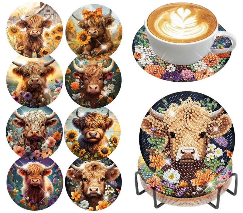 croshom 8 Pcs Diamond Art Painting Coasters Diamond Art Coasters with Holder, DIY Cow Coaster Diamonds Painting Kits for Adults Beginners, Diamonds Arts Kits for Adults Arts and Crafts Supplies - Image 1