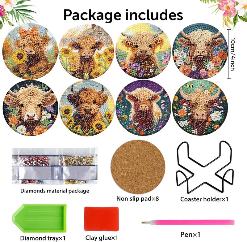 croshom 8 Pcs Diamond Art Painting Coasters Diamond Art Coasters with Holder, DIY Cow Coaster Diamonds Painting Kits for Adults Beginners, Diamonds Arts Kits for Adults Arts and Crafts Supplies - Image 2