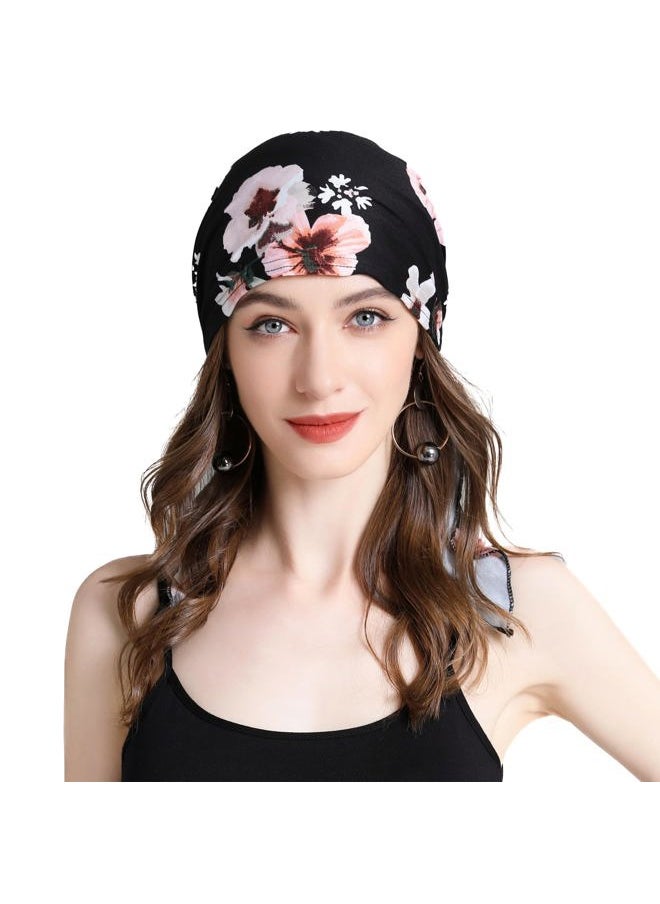 ZLYC Chemo Headwear Pre Tied Head Scarf Headwraps Lightweight Turban Beanie Cap for Women (Floral Black)  - Image 1