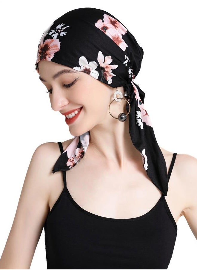 ZLYC Chemo Headwear Pre Tied Head Scarf Headwraps Lightweight Turban Beanie Cap for Women (Floral Black)  - Image 3