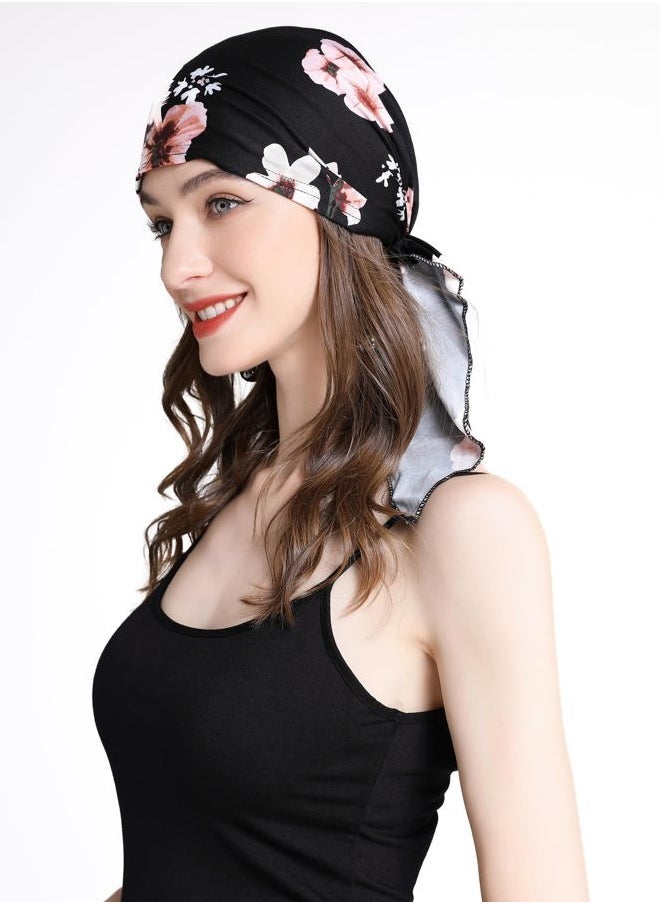 ZLYC Chemo Headwear Pre Tied Head Scarf Headwraps Lightweight Turban Beanie Cap for Women (Floral Black)  - Image 2