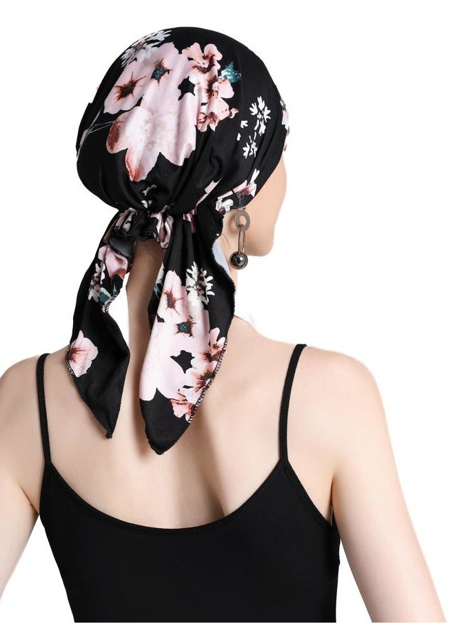 ZLYC Chemo Headwear Pre Tied Head Scarf Headwraps Lightweight Turban Beanie Cap for Women (Floral Black)  - Image 4