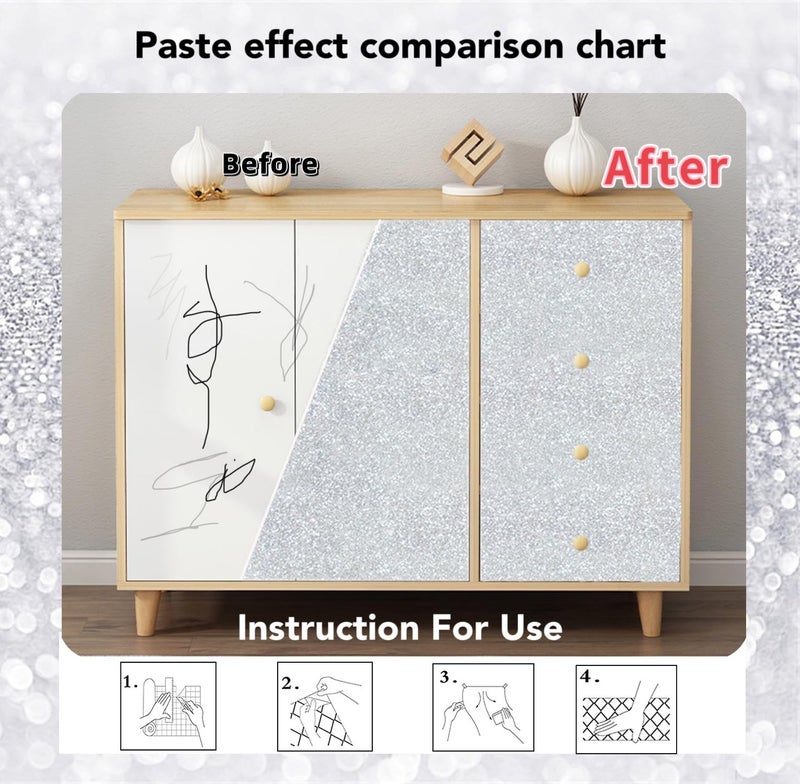 Kitico Glitter Silver Wallpaper Silver Contact Paper Creative Covering Peel and Stick Wallpaper Removable Self Adhesive Paper DIY Vinyl Roll 17.7"x78.7" - Image 3
