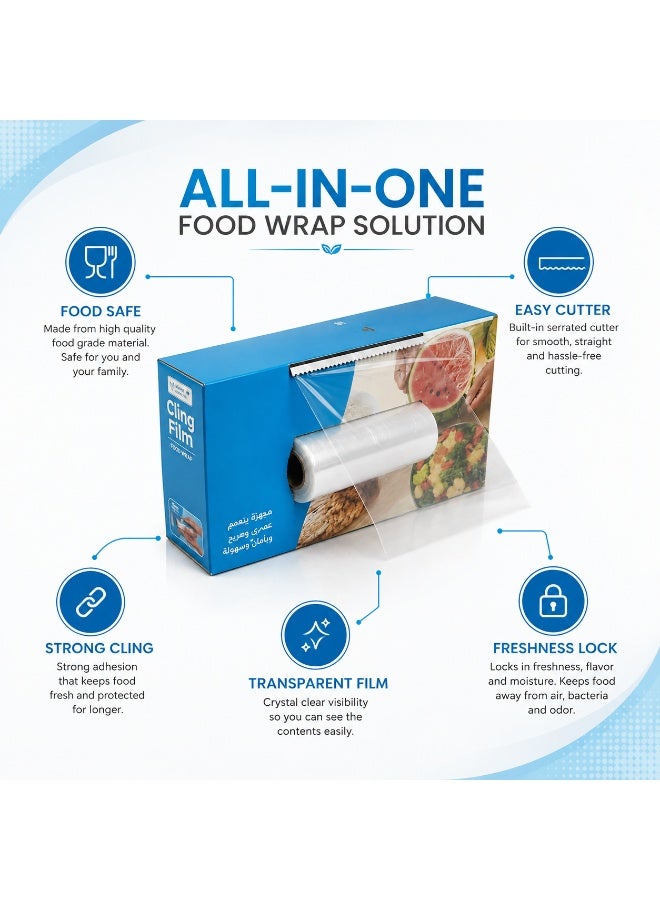 Lukadah Cling Film Plastic Wrap Roll with Built-in Cutter | Food Safe Transparent Kitchen Wrap | Strong Cling, Airtight Freshness Seal for Fruits, Vegetables, Meat, Bowls & Leftovers | Easy Cut Food Storage Wrap - Image 2