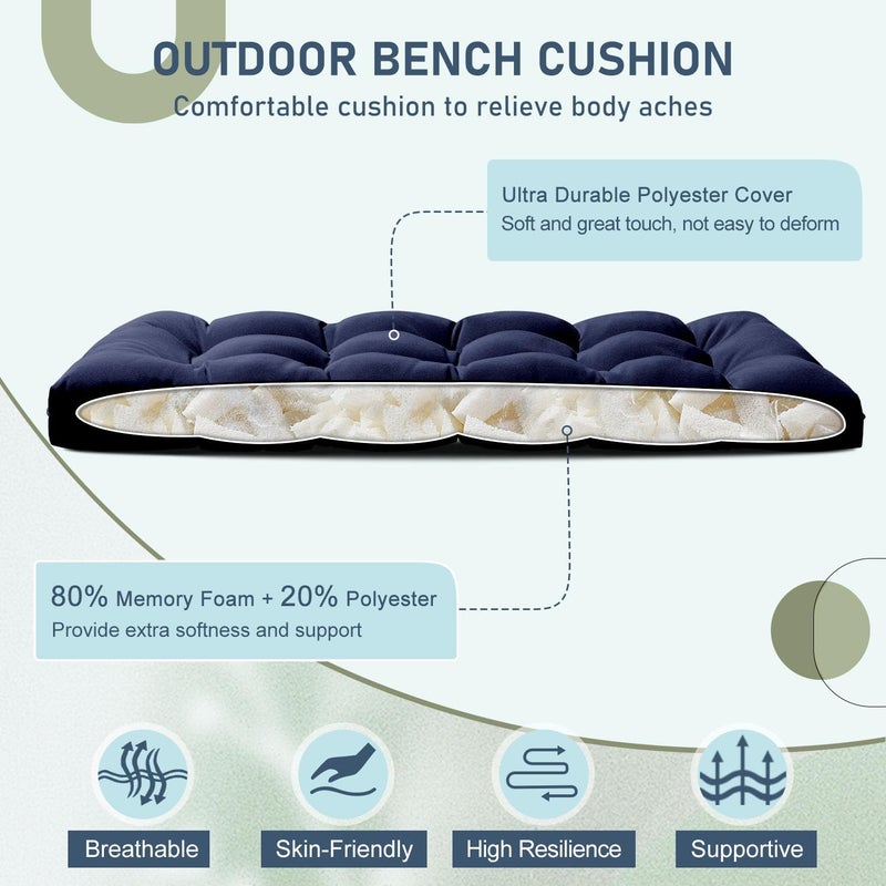 downluxe Outdoor Bench Cushion for Patio Furniture, Water Resistant Tufted Overstuffed Porch Swing Cushions, Thick Outdoor Loveseat Cushions, 44" X 19" X 5", Navy, Set of 1 - Image 2