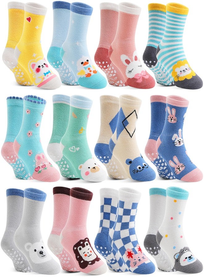 Sandsuced Baby Girls Toddlers Grips Socks Kids Non Skid Anti Slip Fun Cotton Gift Infant Crew Socks 12 Pairs Stocking Stuffers(Animal Series, 1-3 T) - Image 1
