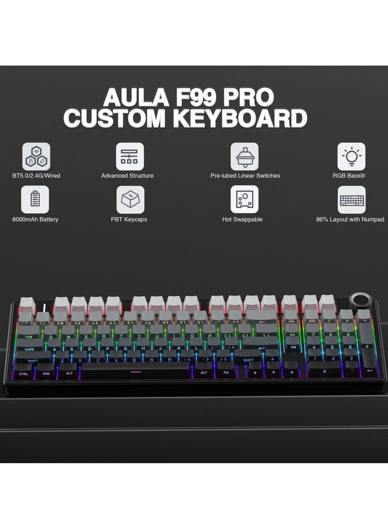 AULA F99 Pro Wireless Mechanical Keyboard with Knob,Tri-Mode BT5.0/USB-C/2.4GHz Hot Swappable Keyboard,Pre-lubed Switches,RGB Backlit PBT Keycaps Computer Gaming Keyboards - Image 2