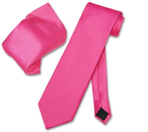 Vesuvio Napoli Solid HOT PINK FUCHSIA NeckTie & Handkerchief Men's Neck Tie Set - Image 4