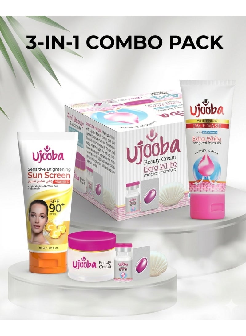 Ujooba 3-in-1 Brightening Skincare Set - Extra White 4-in-1 Cream, SPF 90 Sensitive Sunscreen & Whitening Face Wash for Dark Spots, Glow & Even Skin Tone - Image 1