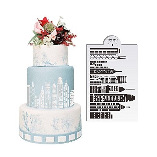 AK ART KITCHENWARE ART Kitchenware 1pcs 7.8"x 5" Skyscrapers Plastic Stencil Template for Cake Decorating Supplies Cake Border Decoration Mold Bakery Tools Semitransparent Dessert Tools ST-865-3 - Image 2