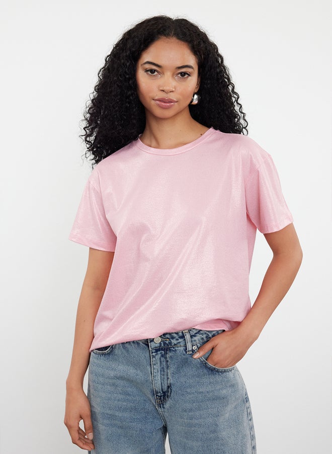 trendyol Pink Foil Printed Regular/Normal Fit Knitted Blouse - Image 1