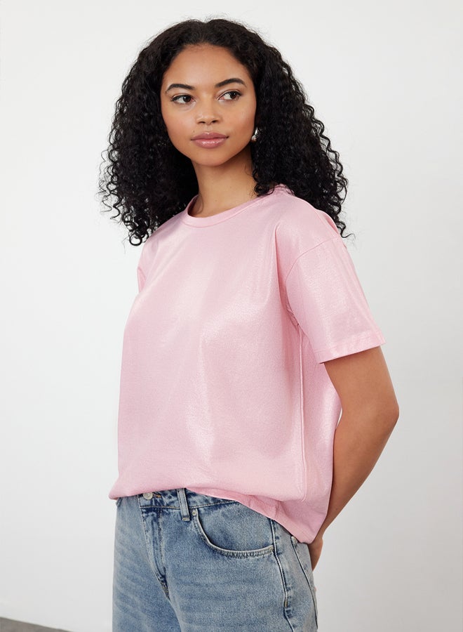 trendyol Pink Foil Printed Regular/Normal Fit Knitted Blouse - Image 2