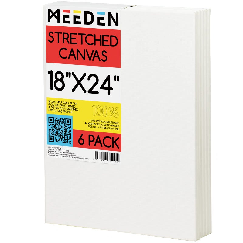 MEEDEN MEEDEN Stretched Canvas 18  24 Inch Pack of 6 Blank White Canvases for Painting 100 Cotton 8 oz GessoPrimed PreStretched Canvas for Acrylic Oil Pouring  Airbrushing Painting 