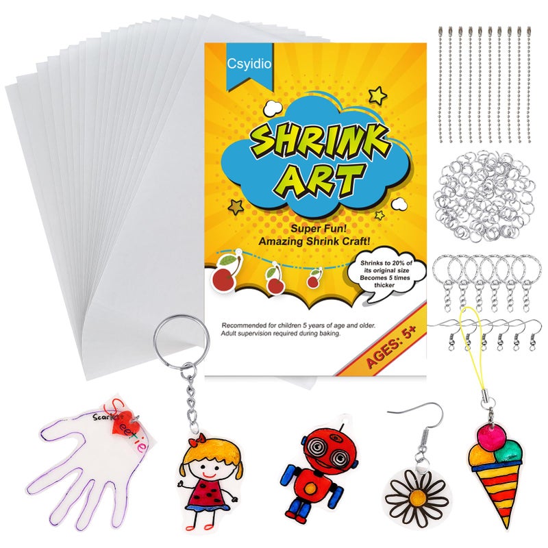 Csyidio 175 Pieces Shrink Plastic Sheet Kit Includes 25 Pieces Shrink Plastic Sheets and 150 Pieces Accessories for Making Key Chains Christmas Ornaments Kids Birthday Presents