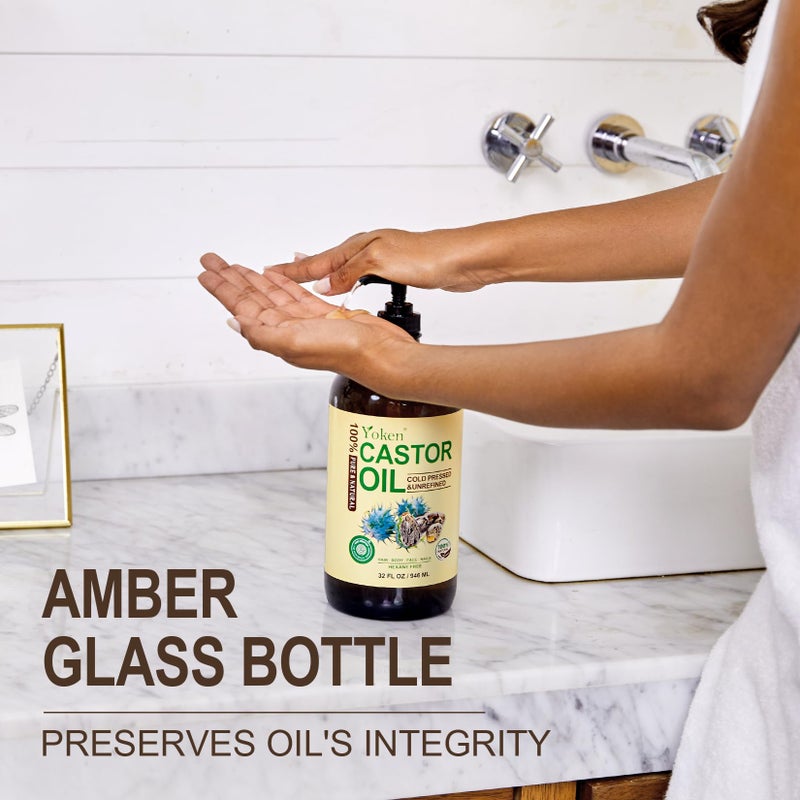 Yoken EWG Verified Castor Oil Glass Bottle 32 fl oz (with Pump) 100% Pure Castor Oil for Skin Face Hair, Cold Press, Hexane Free, Unrefined Caster oil for Nourishing Body, aceite de ricino - Image 5