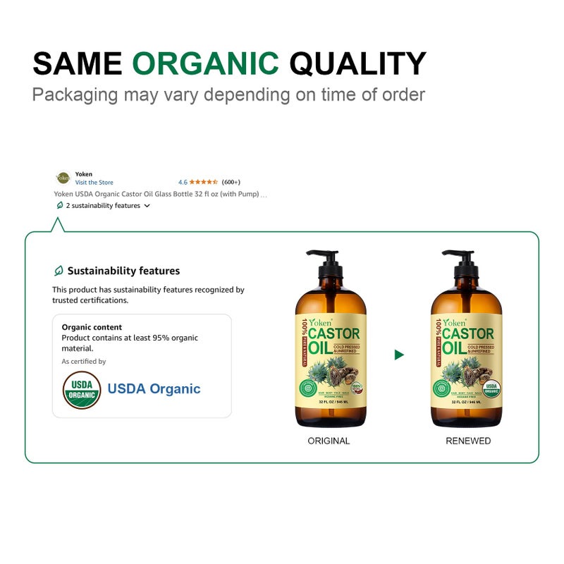 Yoken EWG Verified Castor Oil Glass Bottle 32 fl oz (with Pump) 100% Pure Castor Oil for Skin Face Hair, Cold Press, Hexane Free, Unrefined Caster oil for Nourishing Body, aceite de ricino - Image 2