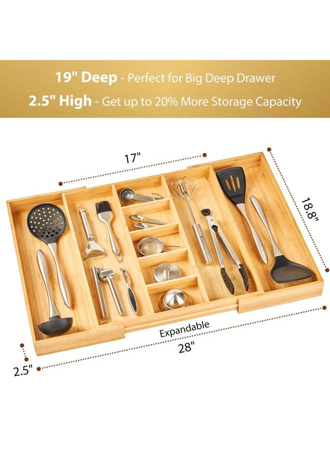 Umilife Extra Large Expandable Kitchen Drawer Organizer for Utensil and Junk, 19" Deep for Big Drawer, 17" to 28" Adjustable Bamboo Wood Drawer Divider, Cutlery Tray, Flatware Holder - Image 2