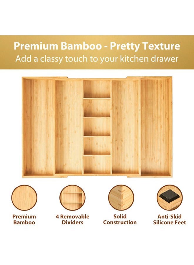 Umilife Extra Large Expandable Kitchen Drawer Organizer for Utensil and Junk, 19" Deep for Big Drawer, 17" to 28" Adjustable Bamboo Wood Drawer Divider, Cutlery Tray, Flatware Holder - Image 3