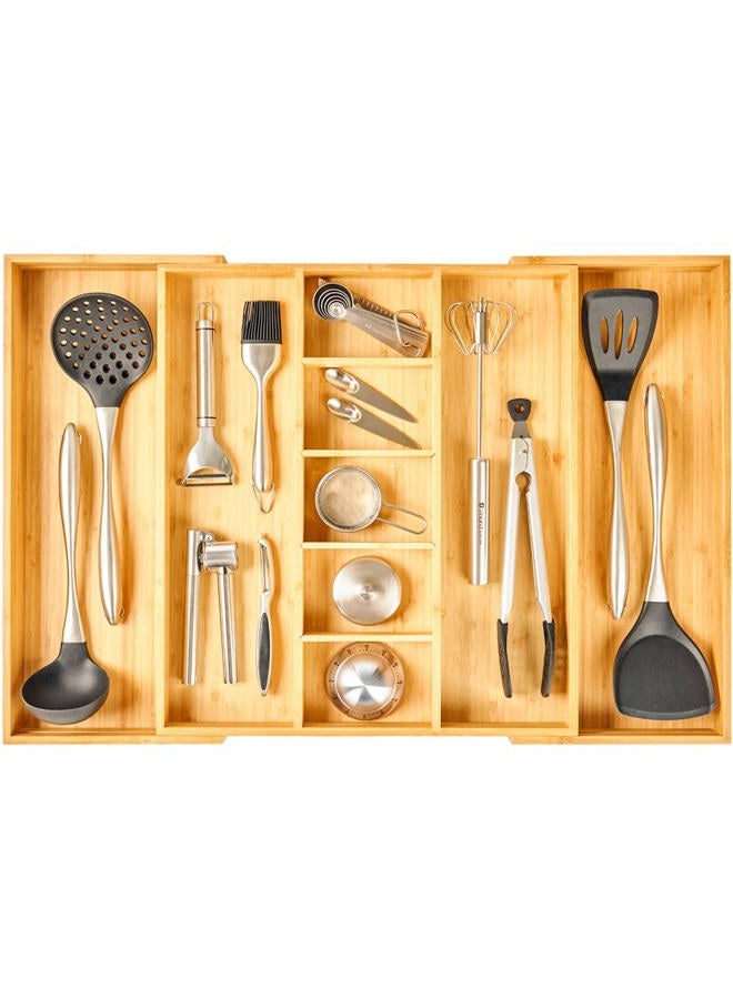 Umilife Extra Large Expandable Kitchen Drawer Organizer for Utensil and Junk, 19" Deep for Big Drawer, 17" to 28" Adjustable Bamboo Wood Drawer Divider, Cutlery Tray, Flatware Holder - Image 1