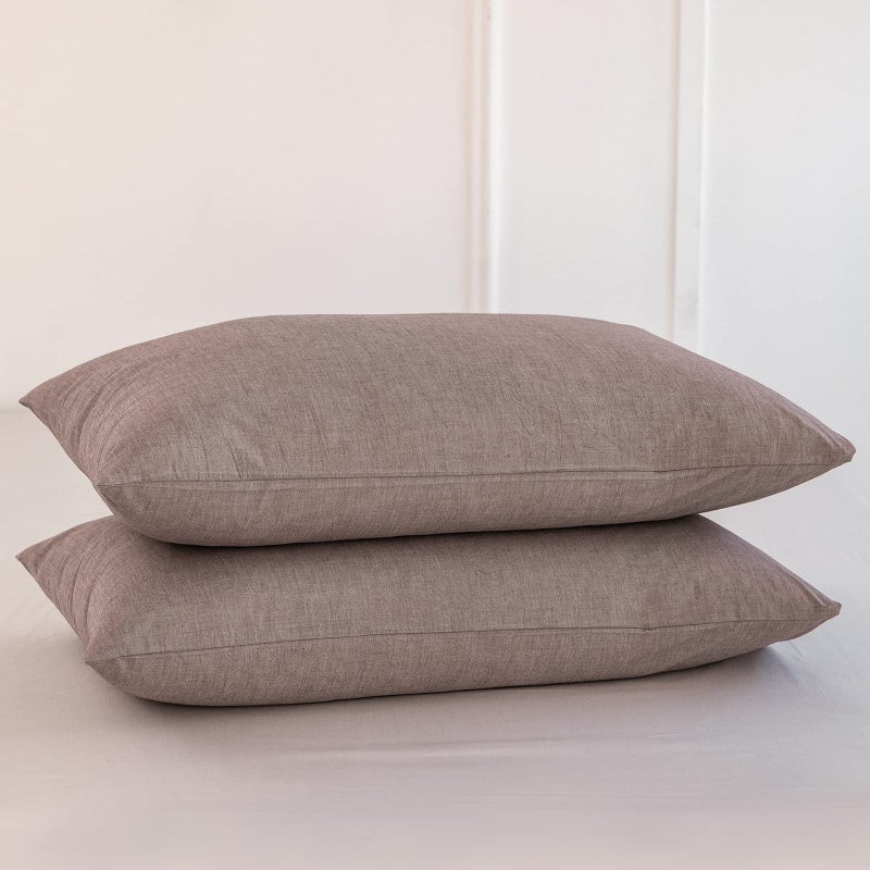 MooMee Bedding Pillowcases Pack of 2 100% Washed Cotton Linen Like Textured Breathable Durable Soft Comfy (Mauve Brown  Queen) - Image 1