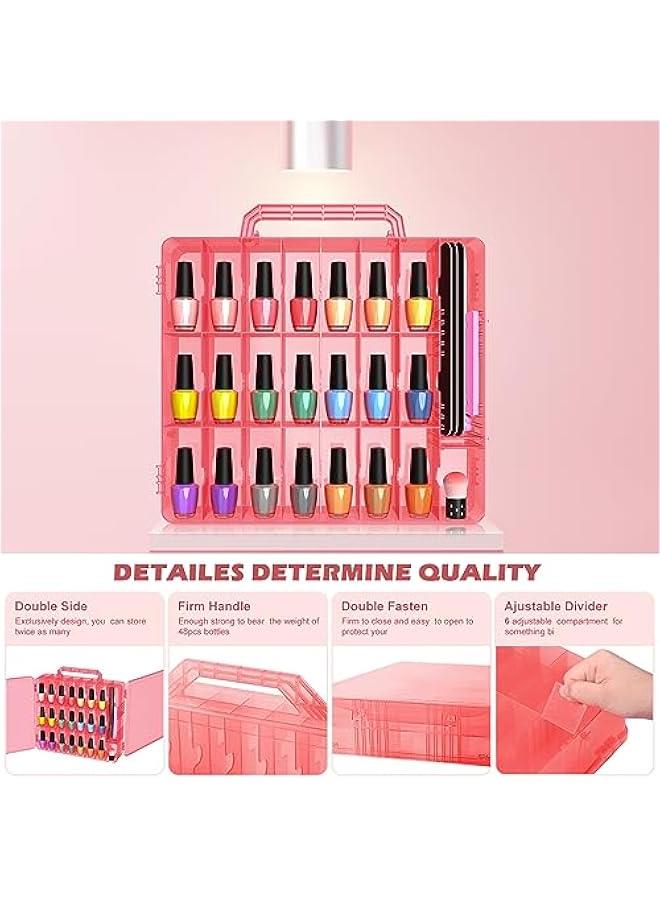 Arabest 2pcs Nail Polish Organizer, Portable 48 Bottles Clear Nail Polish Holder with Adjustable Divider, Gel Nail Polish Storage Double Side Nail Polish Organizer Case for Nail Tech Pink  - Image 2