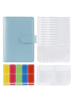 KASTWAVE Budget Binder, Budget Binder with Zipper Envelopes 14Pcs Pockets A6 with Leather Binder Cover, Money Organizer Clear Loose Leaf Bags for Cash Envelopes, Bill Organizer Waterproof and Durable, (Blue)  - Image 1