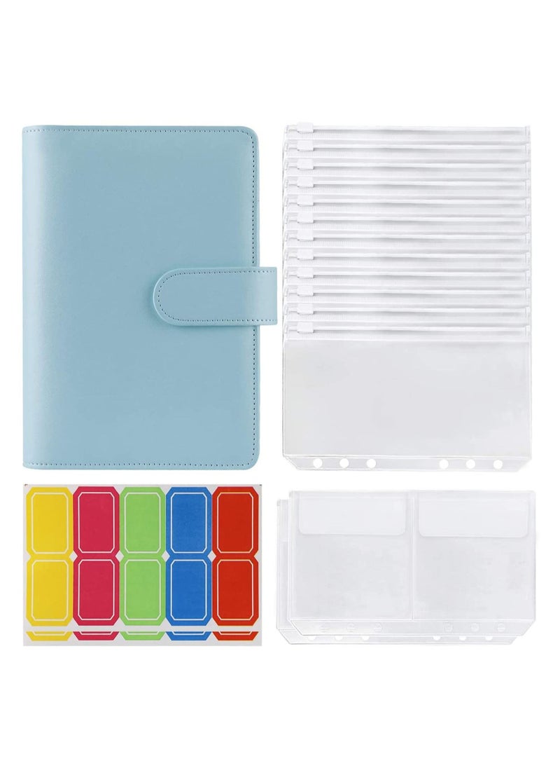 KASTWAVE Budget Binder, Budget Binder with Zipper Envelopes 14Pcs Pockets A6 with Leather Binder Cover, Money Organizer Clear Loose Leaf Bags for Cash Envelopes, Bill Organizer Waterproof and Durable, (Blue)  - Image 1