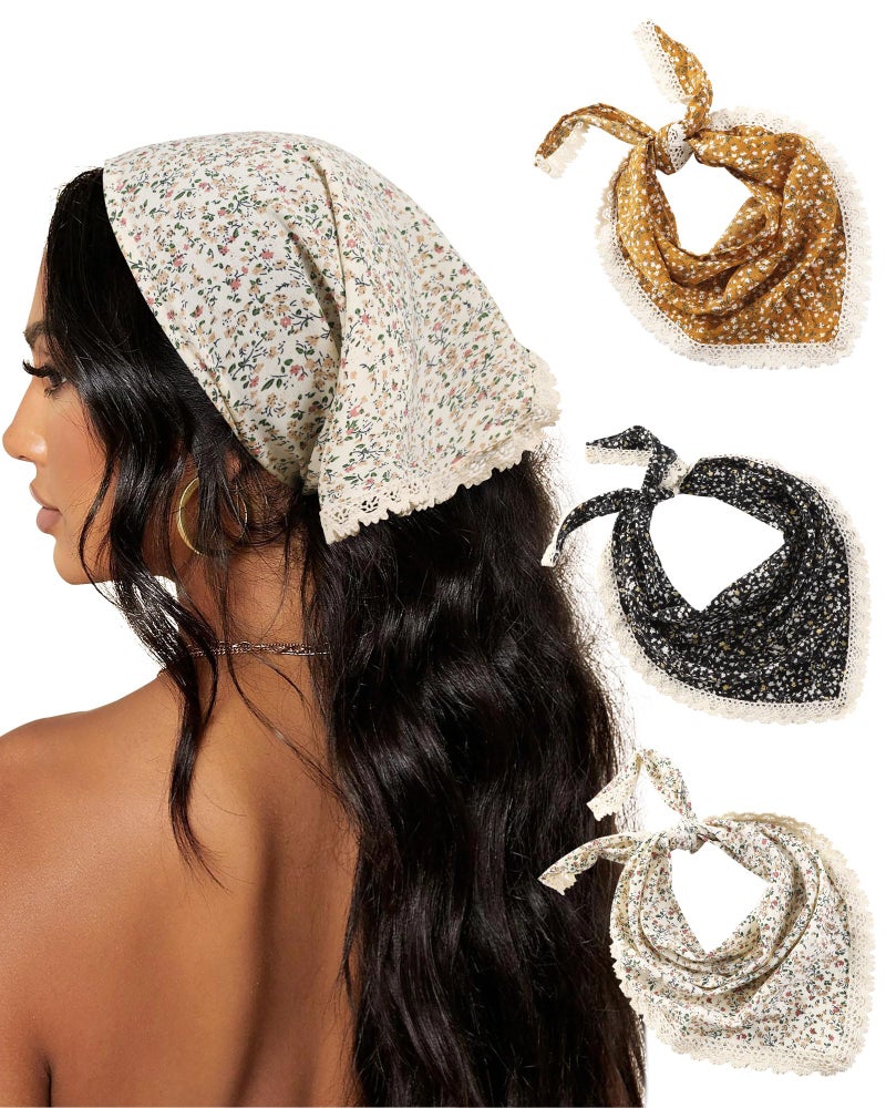 AWAYTR 3Pcs Hair Bandanas Head Kerchief for Women Girls Tie-Back Boho Hair Scarf Headband Bandana Triangle Head Scarf (Floral - Yellow/Black/Beige) - Image 1