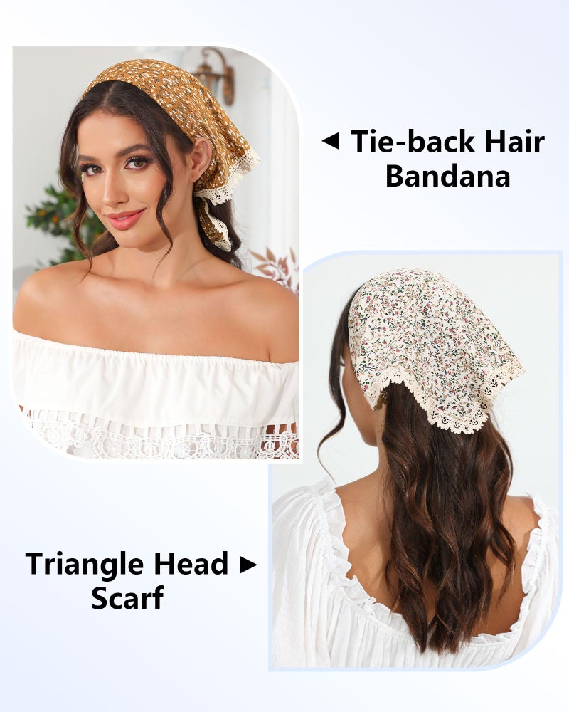 AWAYTR 3Pcs Hair Bandanas Head Kerchief for Women Girls Tie-Back Boho Hair Scarf Headband Bandana Triangle Head Scarf (Floral - Yellow/Black/Beige) - Image 4