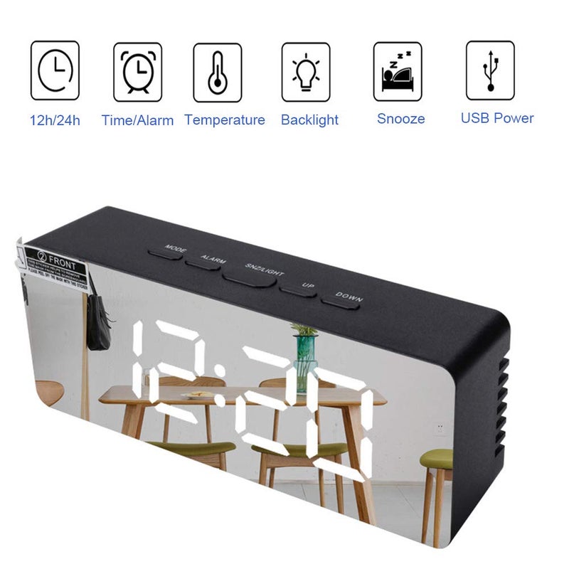 Lancoon Digital Alarm Clock Large LED Display Mirror Clock with Snooze Function Adjustable Brightness Suitable for Home Bedroom Living Room Office Travel White - Image 2