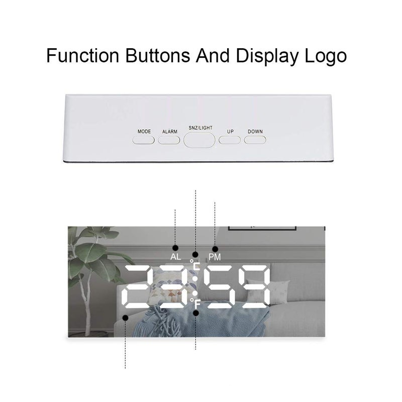 Lancoon Digital Alarm Clock Large LED Display Mirror Clock with Snooze Function Adjustable Brightness Suitable for Home Bedroom Living Room Office Travel White - Image 3
