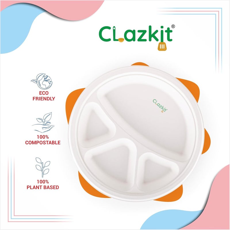 Clazkit 11 Inch 25 Pack 4 Compartment Disposable Bagasse Plates EcoFriendly Biodegradable Sugarcane Paper Plates for Serving Dinner Birthday Wedding Party Round - Image 4