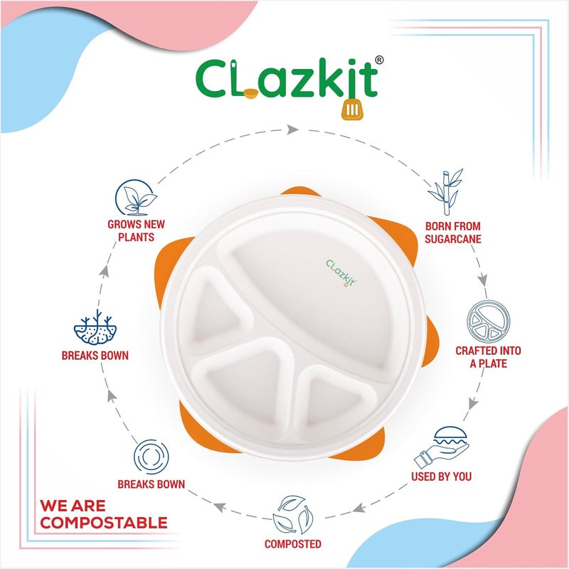 Clazkit 11 Inch 25 Pack 4 Compartment Disposable Bagasse Plates EcoFriendly Biodegradable Sugarcane Paper Plates for Serving Dinner Birthday Wedding Party Round - Image 3