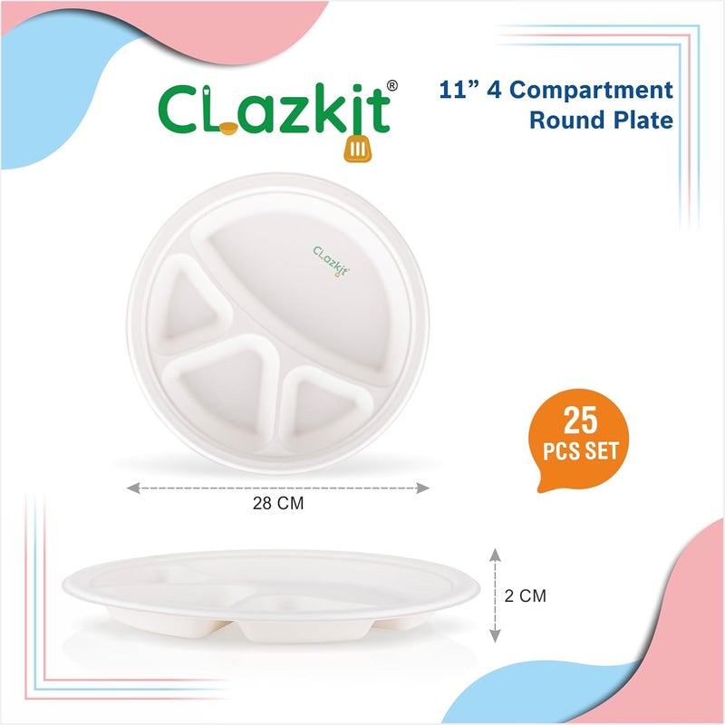 Clazkit 11 Inch 25 Pack 4 Compartment Disposable Bagasse Plates EcoFriendly Biodegradable Sugarcane Paper Plates for Serving Dinner Birthday Wedding Party Round - Image 2