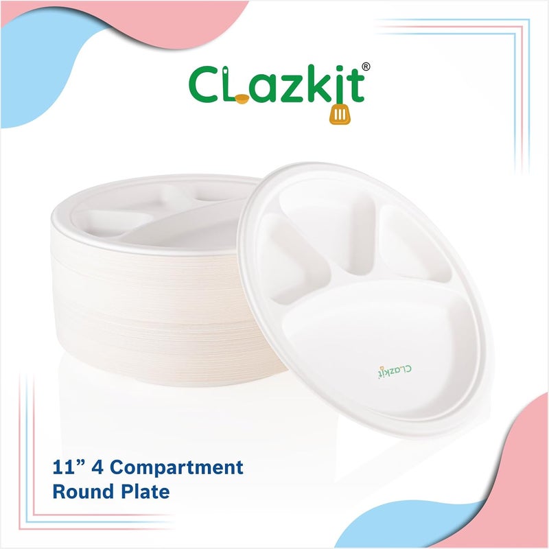 Clazkit 11 Inch 25 Pack 4 Compartment Disposable Bagasse Plates EcoFriendly Biodegradable Sugarcane Paper Plates for Serving Dinner Birthday Wedding Party Round - Image 5