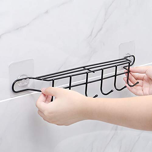 Valashiv Adhesive Metal 6 Hook Coat Hanger Towel Holder Organizer Kitchen Door Bathroom Knife Holder Rail Utensil Pan Cookware Black 6 Hook Rack - Image 3