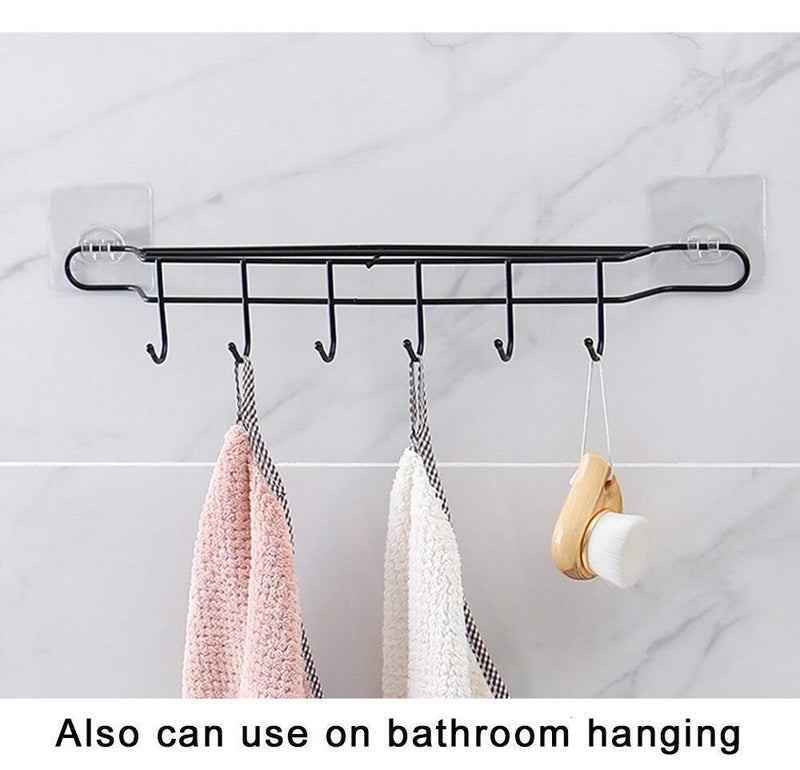 Valashiv Adhesive Metal 6 Hook Coat Hanger Towel Holder Organizer Kitchen Door Bathroom Knife Holder Rail Utensil Pan Cookware Black 6 Hook Rack - Image 2