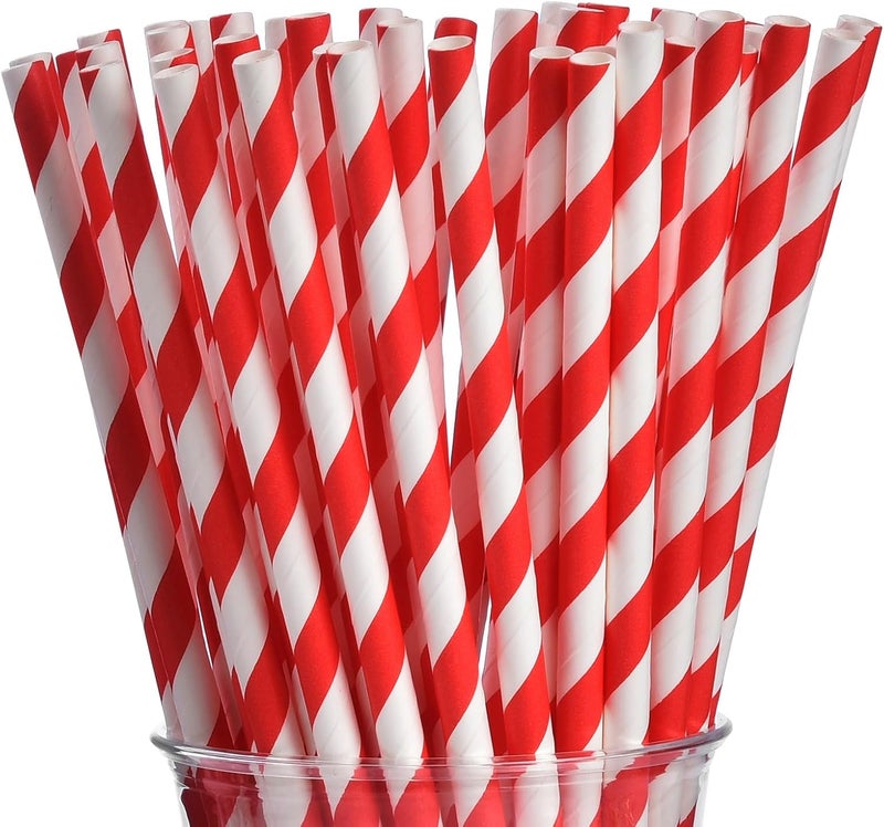 ALINK 100 Red Straws, Red and White Striped Paper Straws, Biodegradable Disposable Straws for Christmas, Brithday, Bridal Shower, New Year, Party Decoration Supplies - Image 1