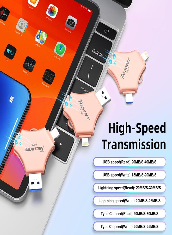 TECHKEY MFi Certified USB 3.0 Flash Drive 512GB for iPhone 3in1 External Memory Photo Keeper Storage Stick for Picture/Video/Data Saver/Backup High Speed Thumb/Jump/Hard Drives for iPad/Android/PC (Rose Pink) - Image 4