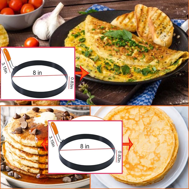WOWITIS Large 2 Packs 8" Omelette Ring for Griddle,Stainless Steel 8 Inch Griddle Omelet Rings,Non-Stick Pancake Egg Ring Round Omelette Rings Omelet Mold Muffin Mold Silicone Handle - Image 2