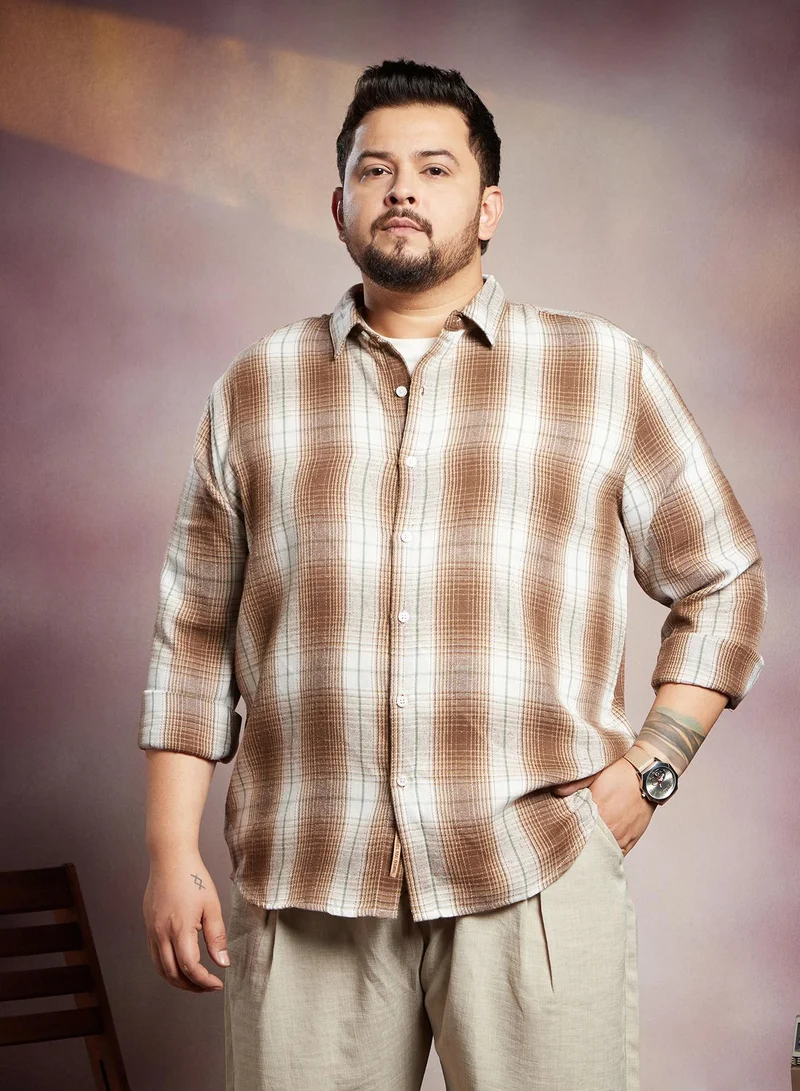 Instafab Plus Instafab Plus Men's Brown & White Ombre Buffalo Check Shirt For Casual Wear | Spread Collar | Long Cuffed Sleeves | Button Closure | Plus Size Shirt Crafted With Comfort Fit For Everyday Wear