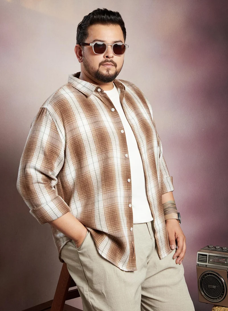 Instafab Plus Instafab Plus Men's Brown & White Ombre Buffalo Check Shirt For Casual Wear | Spread Collar | Long Cuffed Sleeves | Button Closure | Plus Size Shirt Crafted With Comfort Fit For Everyday Wear
