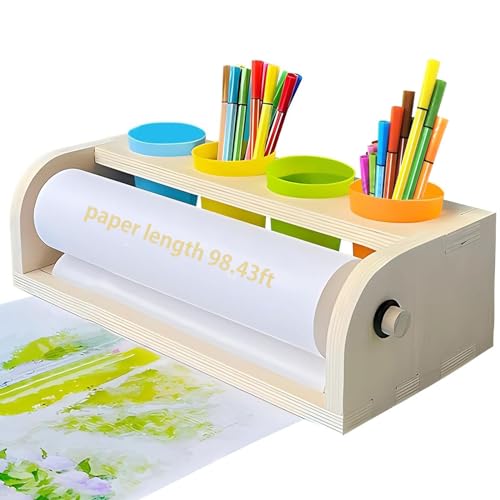 XDONEF Wooden Tabletop Paper Roll Dispenser with Roll 11.4inx98.4ft and Pencil Cups Craft Art Paper Roll Holder for Kids Desktop Easel for Drawing Painting Home Classroom - Image 1