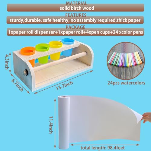 XDONEF Wooden Tabletop Paper Roll Dispenser with Roll 11.4inx98.4ft and Pencil Cups Craft Art Paper Roll Holder for Kids Desktop Easel for Drawing Painting Home Classroom - Image 5
