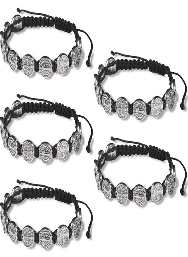 CB Silver Tone Saint Benedict Medal on Adjustable Black Cord Wrist Bracelet, 8 Inch, Pack of 5 - Image 1
