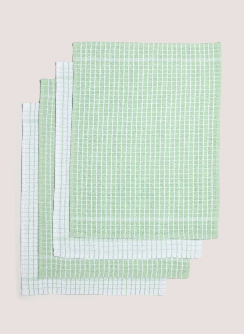 Matalan 4 Pack Light Green Check Terry Tea Towels (60cm x 45cm)