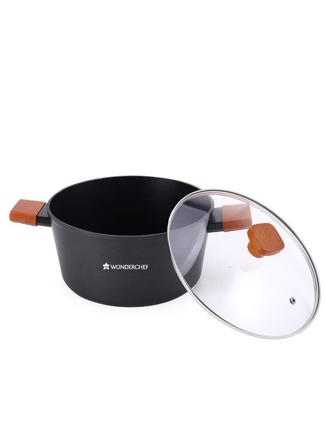 Wonderchef Caesar Forged Virgin Aluminium Casserole with Glass Lid, 24cm, Black, Greblon C3 Non-Stick Coating, PFOA Free, German Beechwood Handles, Use for Frying, Cooking Rice/Biryani, Gravies, Dals - Image 2
