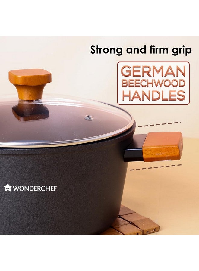 Wonderchef Caesar Forged Virgin Aluminium Casserole with Glass Lid, 24cm, Black, Greblon C3 Non-Stick Coating, PFOA Free, German Beechwood Handles, Use for Frying, Cooking Rice/Biryani, Gravies, Dals - Image 4